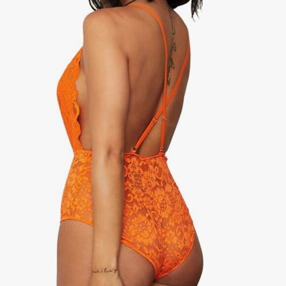 We are HAH 'Comin' in Haht' Orange Deep V Neck Lace Bodysuit NWT - Picture 4 of 11